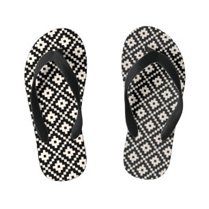 Aztec Style Block Print Black+Cream Pattern Kid's Thongs
