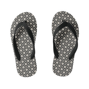 Aztec Style Block Print Black+Cream Rpt Pattern Kid's Thongs
