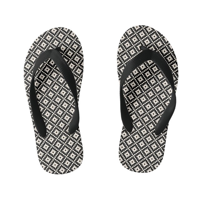 Aztec Style Block Print Black+Cream Rpt Pattern Kid's Thongs (Footbed)
