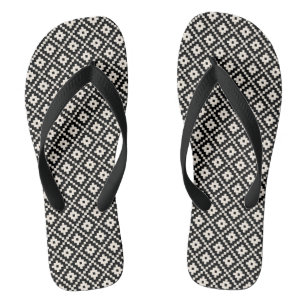 Aztec Style Block Print Black+Cream Rpt Pattern Thongs