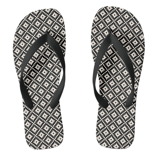 Aztec Style Block Print Black+Cream Rpt Pattern Thongs (Footbed)