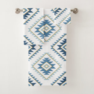 Aztec Style Motif Big Pattern Blues White Gold Bath Towel Set