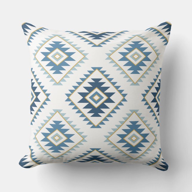 Aztec Style Motif Big Pattern Blues White Gold Cushion (Front)