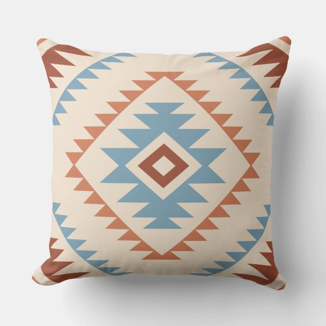 Aztec Style Motif Lg Pattern Blue Crm Terracottas Cushion (Front)