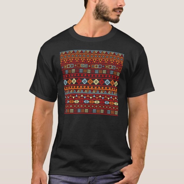 Aztec Style Pattern - Orange Yellow Blue Red & Blk T-Shirt (Front)