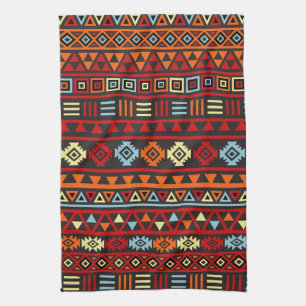 Aztec Style Ptn (v) - Orange Yellow Blue Red & Blk Tea Towel