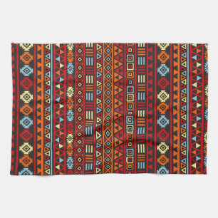 Aztec Style Repeat Ptn - Orange Yellow Red & Black Tea Towel