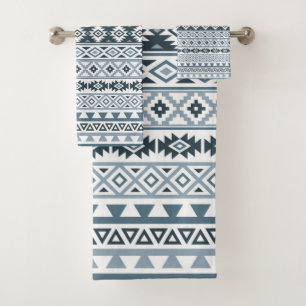 Aztec Stylised Pattern Grey-Blues & White Bath Towel Set