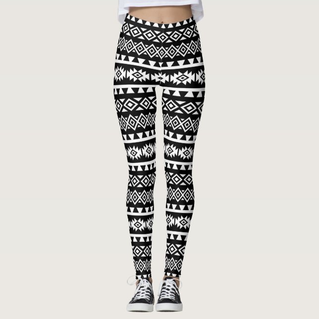 Aztec Stylised Pattern II White on Black Leggings (Front)