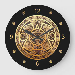 Aztec Sun Calendar ~ Gold & Black ~ Large Clock