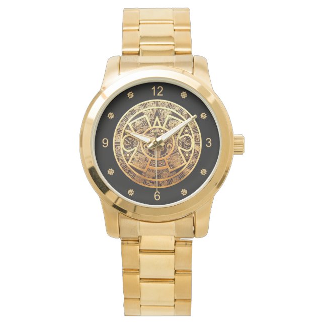 Aztec Sun Calendar ~ Gold & Black ~ Mexico ~ Watch (Front)