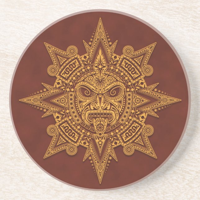 Aztec Sun Mask – Golden Red Coaster (Front)