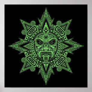 Aztec Sun Mask Green on Black Poster