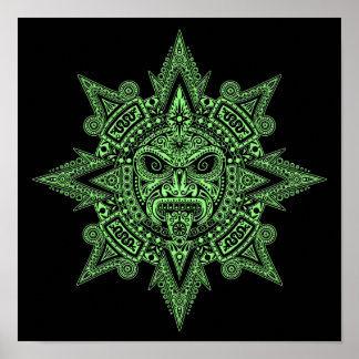 Aztec Sun Mask Green on Black Poster