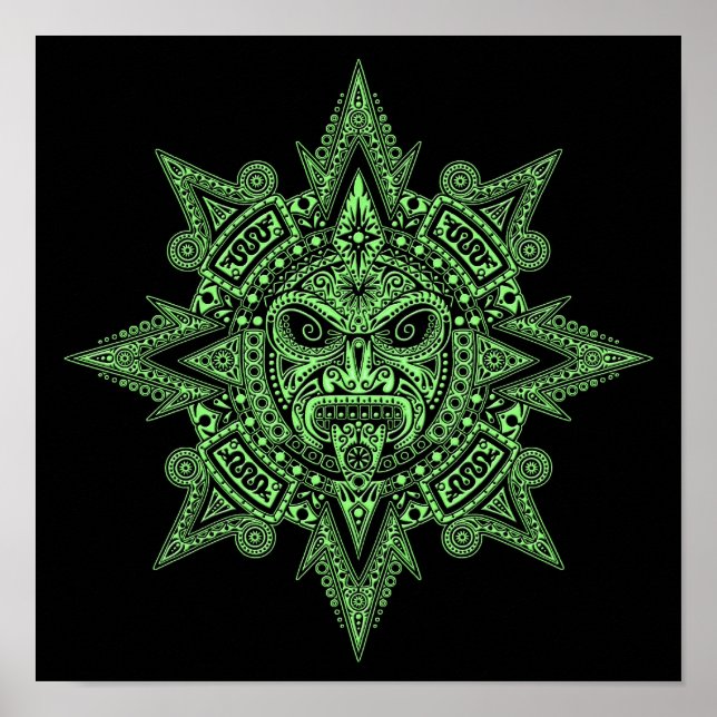 Aztec Sun Mask Green on Black Poster (Front)
