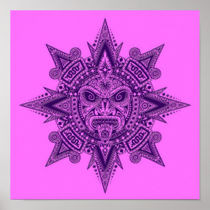 Aztec Sun Mask Purple and Pink Poster