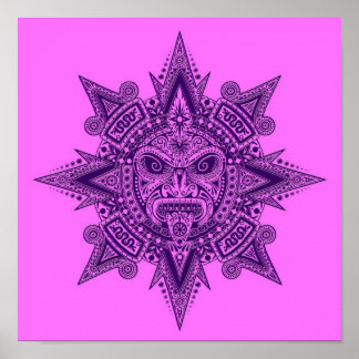 Aztec Sun Mask Purple and Pink Poster