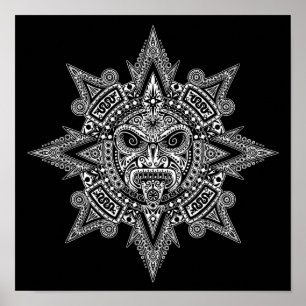 Aztec Sun Mask White on Black Poster