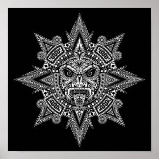 Aztec Sun Mask White on Black Poster