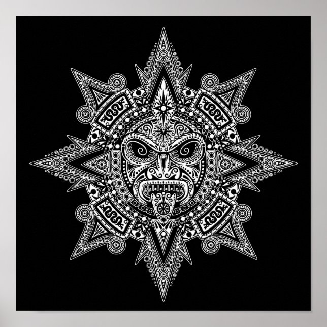 Aztec Sun Mask White on Black Poster (Front)