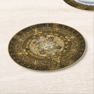 AZTEC SUN STONE CALENDAR GOLD SYMBOL  ROUND PAPER COASTER