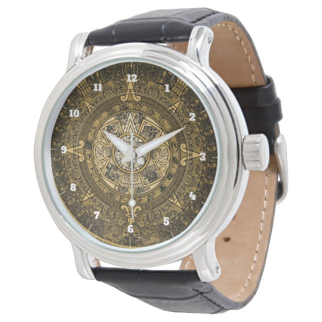 AZTEC SUN STONE CALENDAR GOLD SYMBOL  WATCH (Angled)