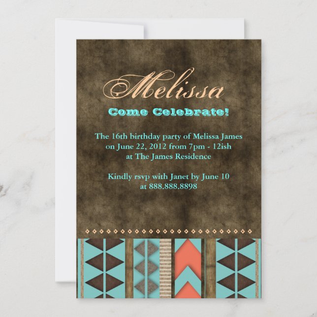 Aztec Sweet 16 Invitation Blue Brown Cool Pattern (Front)
