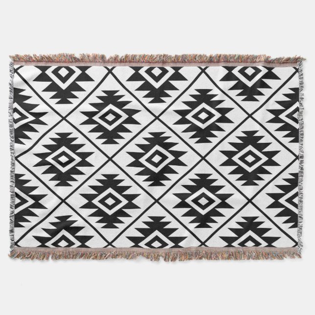 Aztec Symbol Stylised Big Ptn Black on White Throw Blanket (Front)