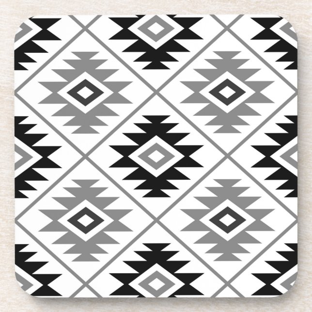 Aztec Symbol Stylised Big Ptn Black White Grey Coaster (Front)