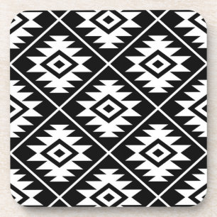 Aztec Symbol Stylised Big Ptn White on Black Coaster