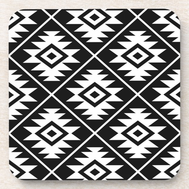 Aztec Symbol Stylised Big Ptn White on Black Coaster (Front)