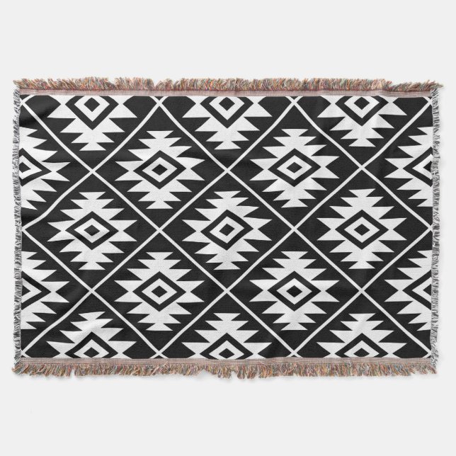 Aztec Symbol Stylised Big Ptn White on Black Throw Blanket (Front)