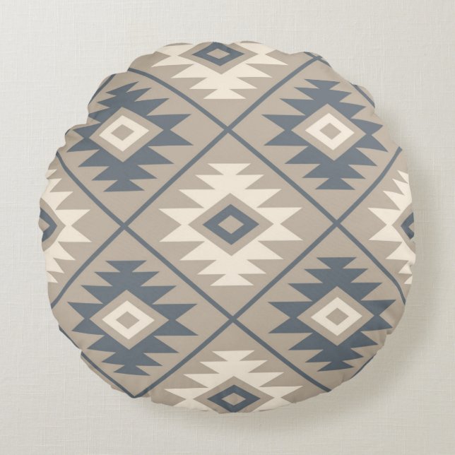 Aztec Symbol Stylised Lg Ptn Blue Cream Sand Round Cushion (Front)