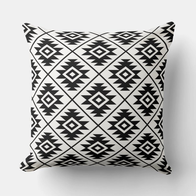 Aztec Symbol Stylised Pattern Black on White Cushion (Front)