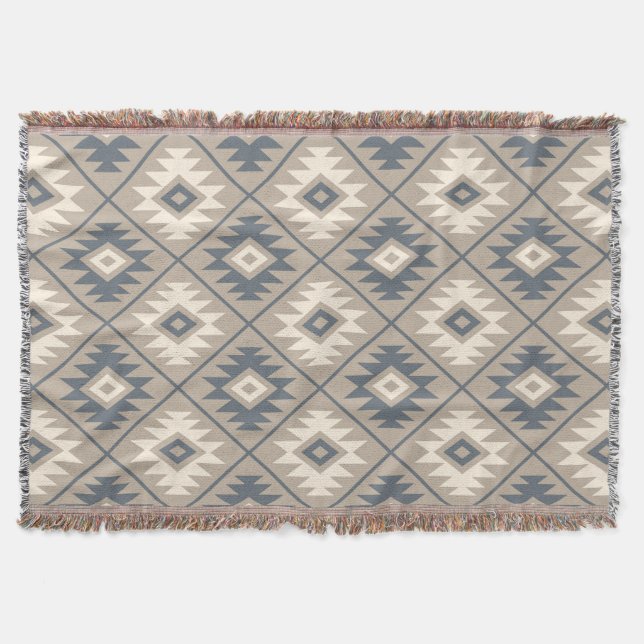 Aztec Symbol Stylised Pattern Blue Cream Sand Throw Blanket (Front)