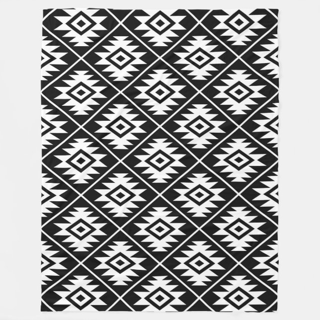 Aztec Symbol Stylised Pattern White on Black Fleece Blanket (Front)