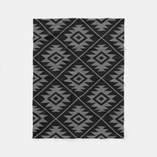 Aztec Symbol Stylized Big Ptn Gray on Black Fleece Blanket
