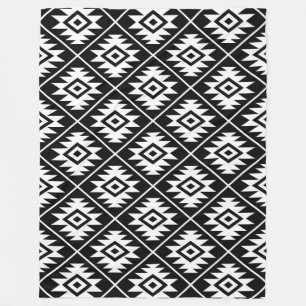 Aztec Symbol Stylized Pattern White on Black Fleece Blanket