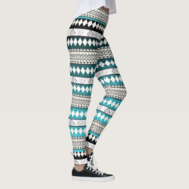 Aztec Teal Blue Geometric Abstract Pattern Leggings (Right)
