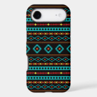 Aztec Teal Reds Yellow Black Mixed Motifs Pattern