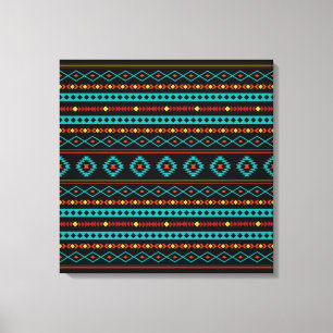 Aztec Teal Reds Yellow Black Mixed Motifs Pattern Canvas Print
