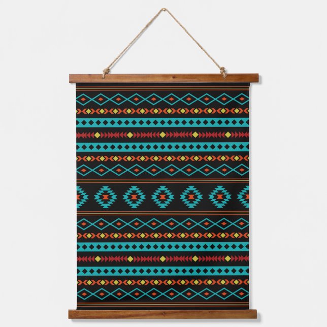Aztec Teal Reds Yellow Black Mixed Motifs Pattern Hanging Tapestry (Front)