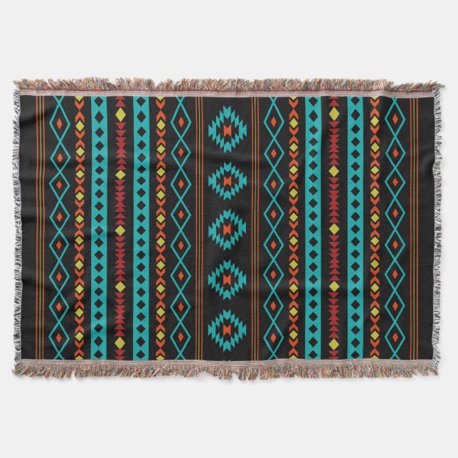Aztec Teal Reds Yellow Blk Mixed Motifs V Pattern Throw Blanket (Front)