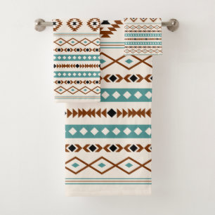 Aztec Teal Terracotta Black Cream Mixed Pattern Bath Towel Set