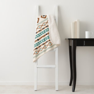 Aztec Teal Terracotta Black Cream Mixed Pattern Sherpa Blanket