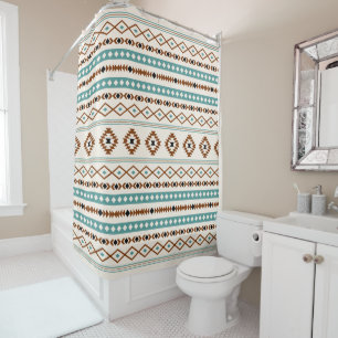 Aztec Teal Terracotta Black Cream Mixed Pattern Shower Curtain