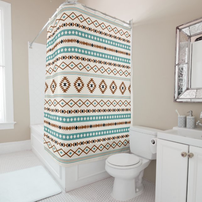 Aztec Teal Terracotta Black Cream Mixed Pattern Shower Curtain (In Situ)