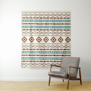 Aztec Teal Terracotta Blk Crm Mixed Motifs Pattern Tapestry
