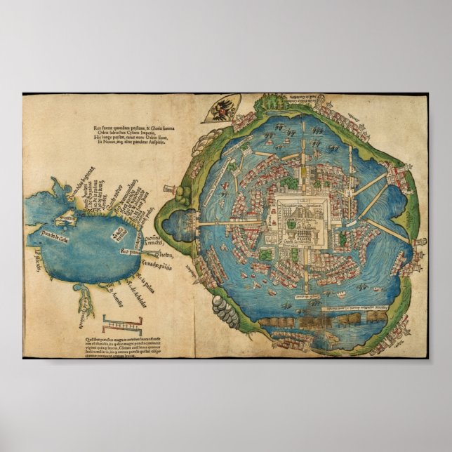 Aztec Tenochtitlan City Map, 1524 Hernan Cortes  Poster (Front)
