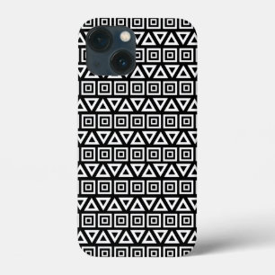 Aztec Triangles+Squares Pattern White on Black iPhone 13 Mini Case